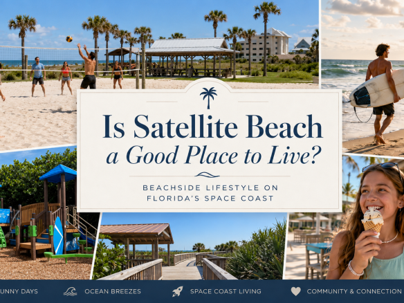Satellite Beach Florida lifestyle collage showing beach volleyball, biking, surfing, skateboarding, ice cream, palm trees, and coastal living on the Space Coast.