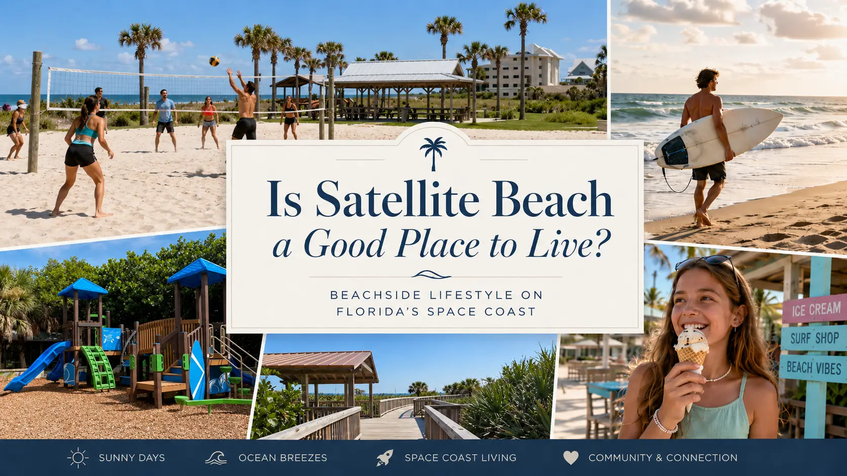 Satellite Beach Florida lifestyle collage showing beach volleyball, biking, surfing, skateboarding, ice cream, palm trees, and coastal living on the Space Coast.