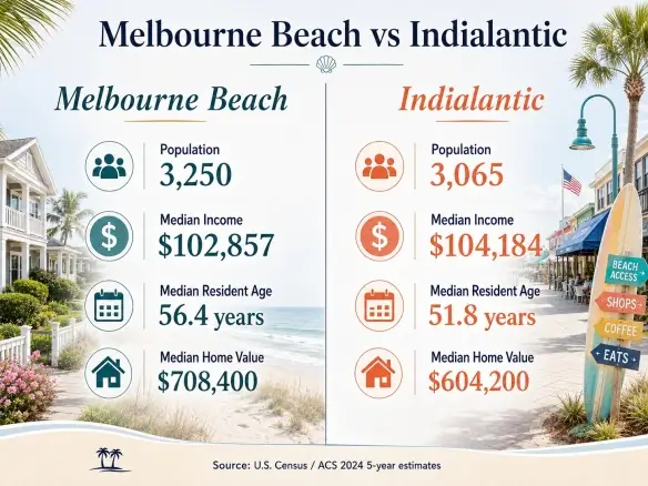 Melbourne Beach vs Indialantic comparison infographic showing population, median income, median resident age, and median home value for two Brevard County beach towns.