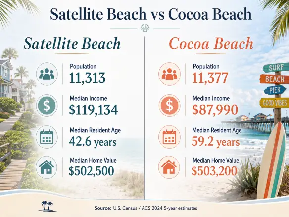 Satellite Beach vs Cocoa Beach comparison infographic showing population, median income, median resident age, and median home values on Florida’s Space Coast