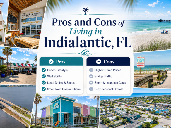 Pros and cons of living in Indialantic Florida with beach access, palm trees, coastal homes, Nance Park, and Brevard County lifestyle.